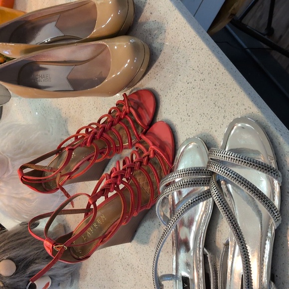 Michael Kors Tan  Heels Ralph Lauren Orange Heals And DKNY Zipper Sandals Bundle - Picture 1 of 4